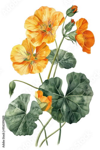 A vintage illustration of Nasturtium flowers with lush green leaves, perfect for botanical themes and nature-inspired designs, PNG transparent background