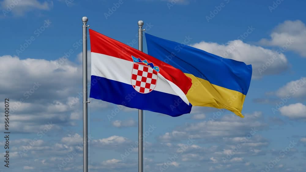 Ukraine and Croatia flags flying together, video concept of the relationship, two country relations concept Ukraine and Croatia flags flying together, video concept of the relationship, two country relations concept
