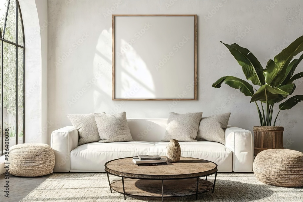 A grunge-style coffee table paired with a white sofa, positioned near an arched window and a white wall featuring a large art poster frame. The modern living room showcases a minimalist, A grunge-style coffee table paired with a white sofa, positioned near an arched window and a white wall featuring a large art poster frame. The modern living room showcases a minimalist,