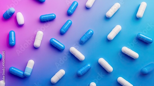 Blue and White Capsule Pills on Gradient Background: Blue and White Capsules Displayed on a Gradient Background for Medical Purposes