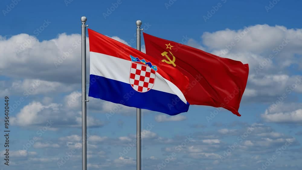Soviet Union or USSR and Croatia flags flying together, video concept of the relationship, two country cooperation concept Soviet Union or USSR and Croatia flags flying together, video concept of the relationship, two country cooperation concept
