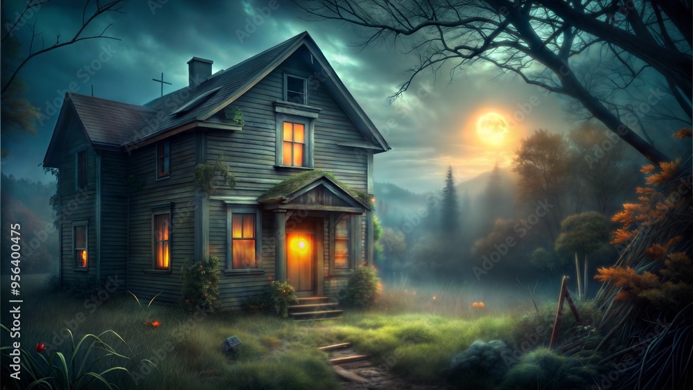 Spooky Haunted House with Full Moon in Misty Night