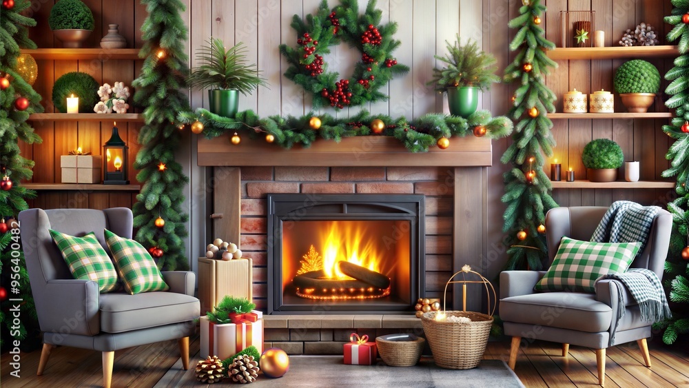 Festive living room with warm fireplace, holiday decor, and cozy armchairs
Festive living room with warm fireplace, holiday decor, and cozy armchairs