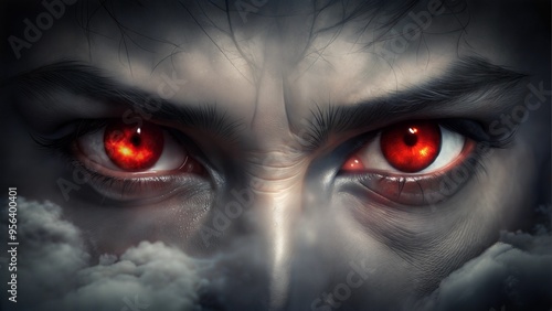 ntense Red Eyes Glowing in the Dark with a Sinister Gaze photo