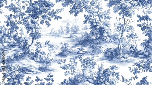 Blue Toile Pattern with Pastoral Scenes and Floral Motifs: Elegant Blue Toile Pattern Featuring Pastoral Scenes and Floral Designs