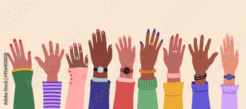Group of diverse multiracial hands raised up. Team cooperation and communication. International community. Hand drawn vector vector illustration isolated on light background, flat cartoon style.