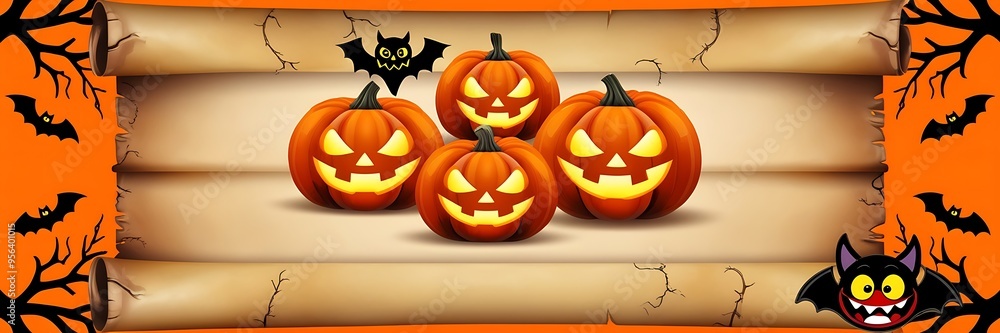 Spooky Halloween scene with jackolanterns, bats, and bare trees on parchment scroll against orange background. Perfect for festive designs. Spooky Halloween scene with jackolanterns, bats, and bare trees on parchment scroll against orange background. Perfect for festive designs.