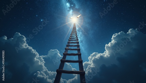 Jacob’s dream of a ladder with angels ascending and descending in a star-filled night sky representing a divine connection photo