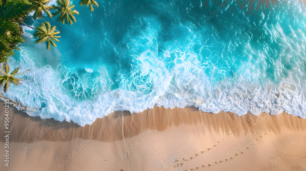 Azure coast of the ocean with palm trees, sand, surf and shells. AI Generated Azure coast of the ocean with palm trees, sand, surf and shells. AI Generated