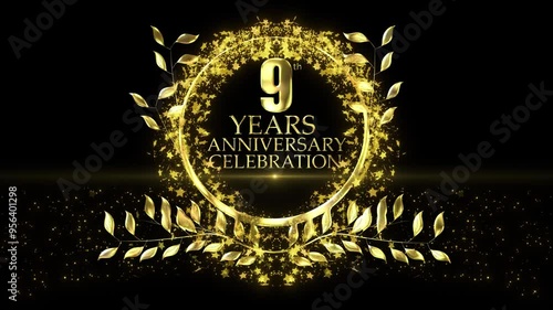 9 Years  Anniversary Celebration With Decorative Golden Flower Animation.9years Anniversary Golden Luxury Text Animation With Floral Elements. Nine Years Text Animation ,nine Years Anniversary Text An photo