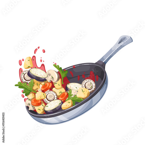 Vegetables, mushrooms and tomato sauce flying into cartoon pan to fry. Tossing food ingredients in skillet. Cooking master class mascot, cartoon vegetarian dish in hot pan vector illustration