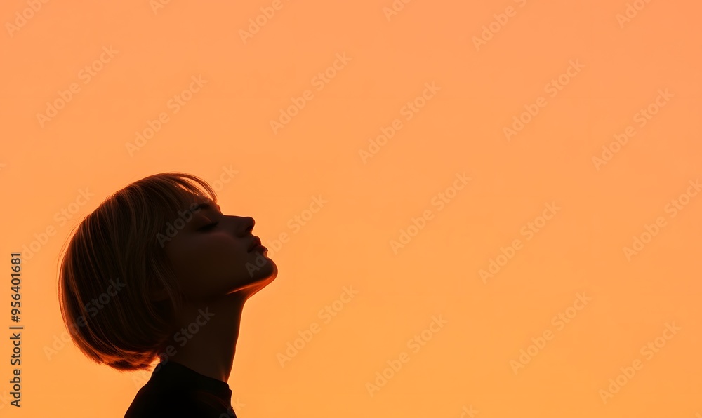 Silhouette of young blonde with short hair on orange sunset background, Generative AI Silhouette of young blonde with short hair on orange sunset background, Generative AI