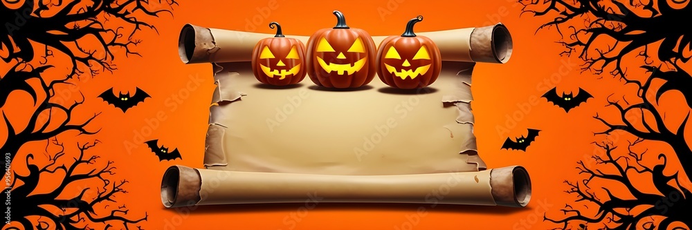 Spooky Halloween scene with jackolanterns, bats, and bare trees on parchment scroll against orange background. Perfect for festive designs. Spooky Halloween scene with jackolanterns, bats, and bare trees on parchment scroll against orange background. Perfect for festive designs.