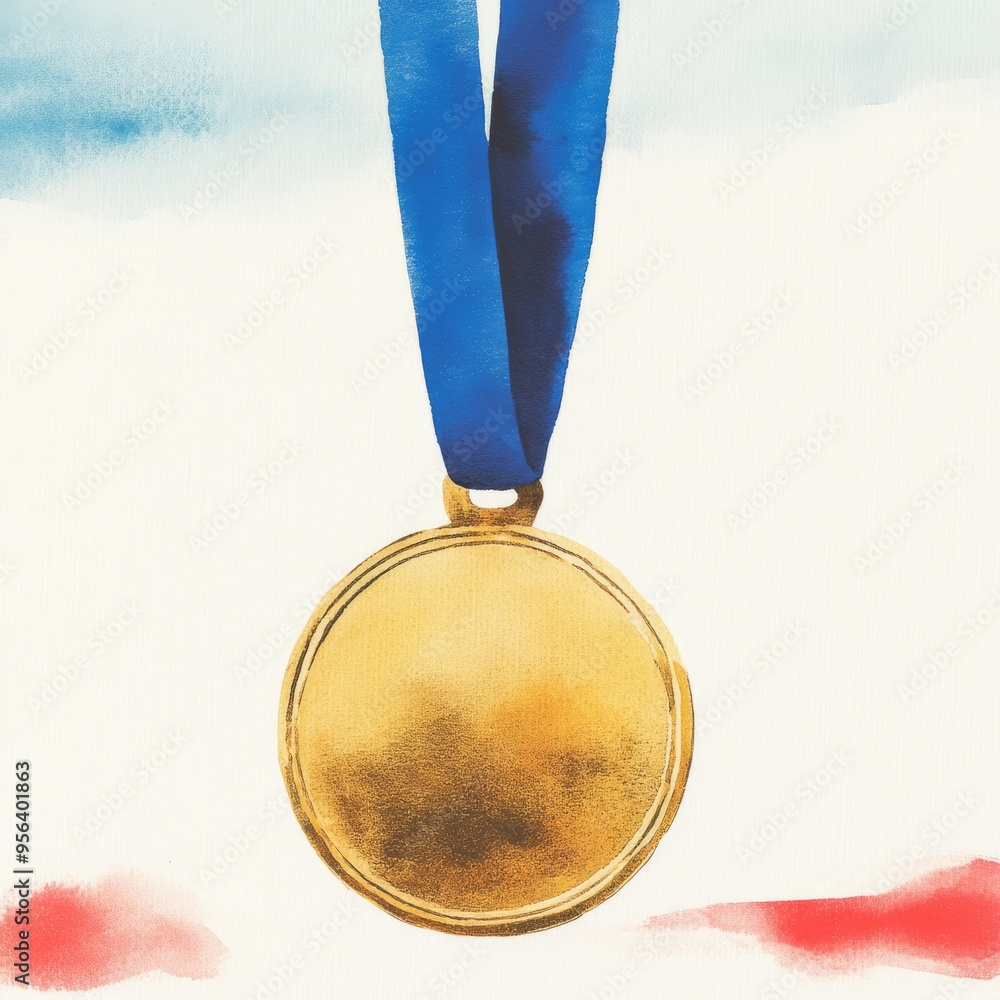 Watercolor painting of gold medal with blue ribbon soft pastel colors gentle and artistic style light blue and gold palette soft shadows and highlights ideal for creative award presentations art compe Watercolor painting of gold medal with blue ribbon soft pastel colors gentle and artistic style light blue and gold palette soft shadows and highlights ideal for creative award presentations art compe