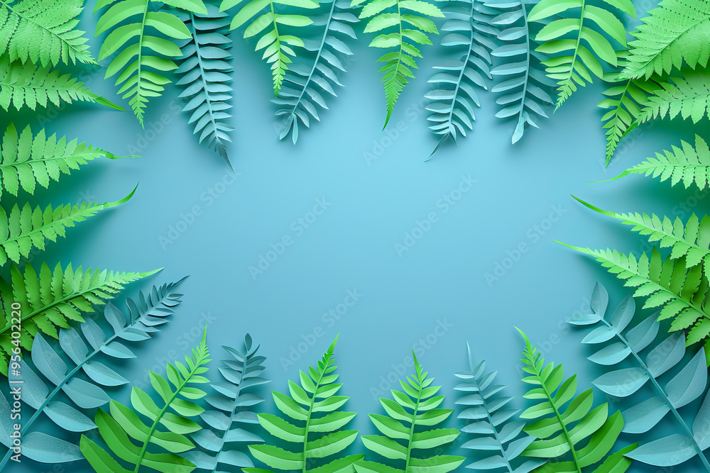 Paper cut tropical leaves creating copy space on blue background Paper cut tropical leaves creating copy space on blue background