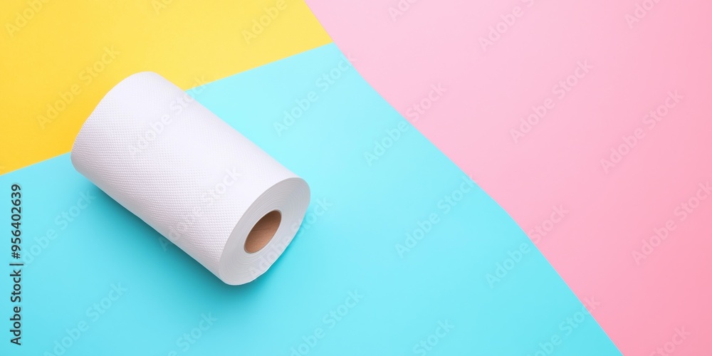A roll of toilet paper is on a blue and pink background. The roll is unopened and is laying on its side A roll of toilet paper is on a blue and pink background. The roll is unopened and is laying on its side