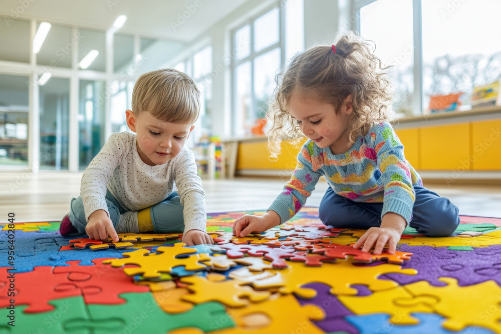 Fototapeta premium Two children sitting on the floor are assembling a giant colorful puzzle in a classroom