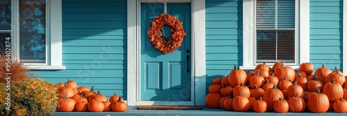 A house with a blue door and a wreath on it. There are many pumpkins outside the door