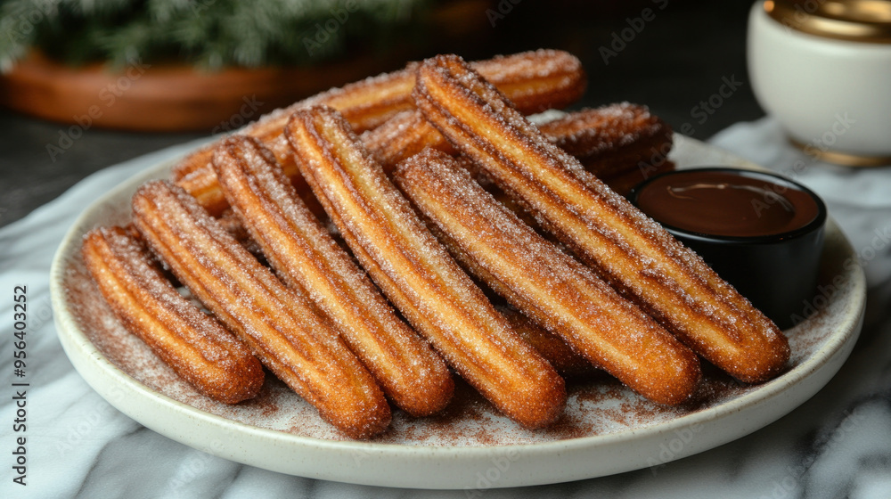 Mexican Churros: Crispy, golden churros dusted with cinnamon sugar, served with a side of chocolate dipping sauce. Mexican Churros: Crispy, golden churros dusted with cinnamon sugar, served with a side of chocolate dipping sauce.