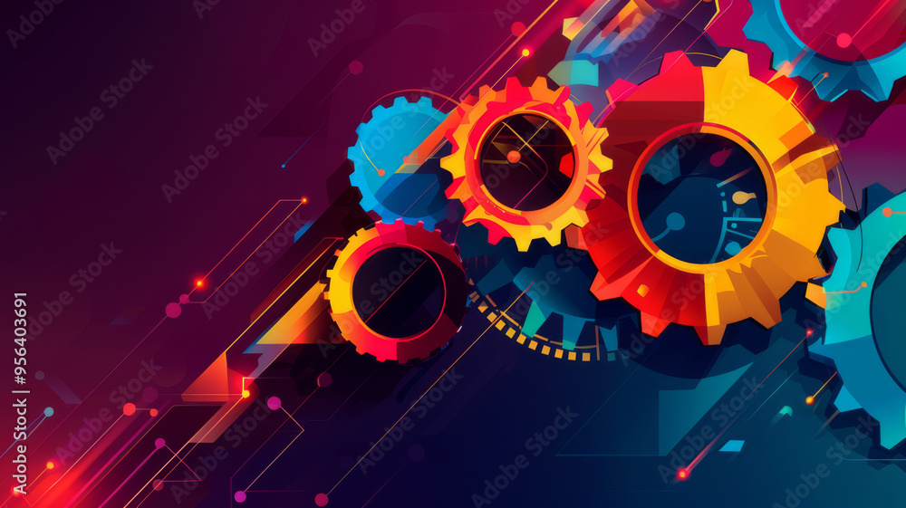 Fototapeta premium Abstract techno gear background with geometric colorful gear wheels. Space for gear text. Vector gears modern mechanism industrial . Technology gears