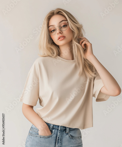 Blank Beige T-Shirt Mockup on Stylish Woman with Blonde Hair and Jeans 