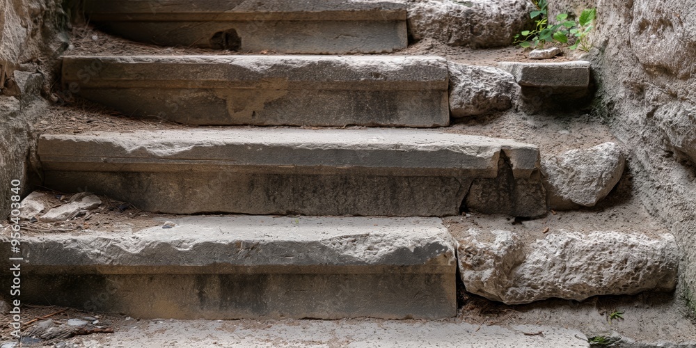 Worn stone steps set in an outdoor historic location, displaying signs of age and usage, surrounded by remnants of moss and weathered stone, blending nature and history. Worn stone steps set in an outdoor historic location, displaying signs of age and usage, surrounded by remnants of moss and weathered stone, blending nature and history.