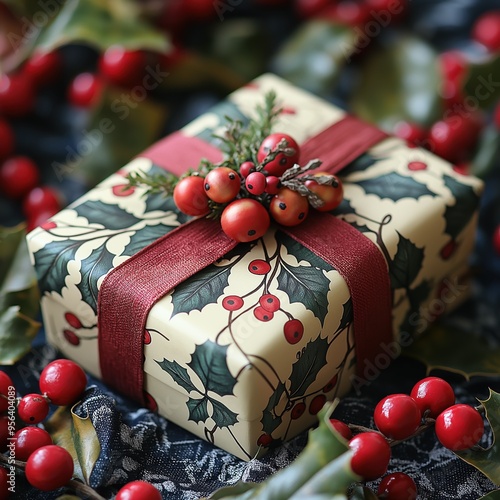 Elegant Christmas gifts in festive wrapping with ribbons and pine branches on a wooden surface, creating a cozy atmosphere