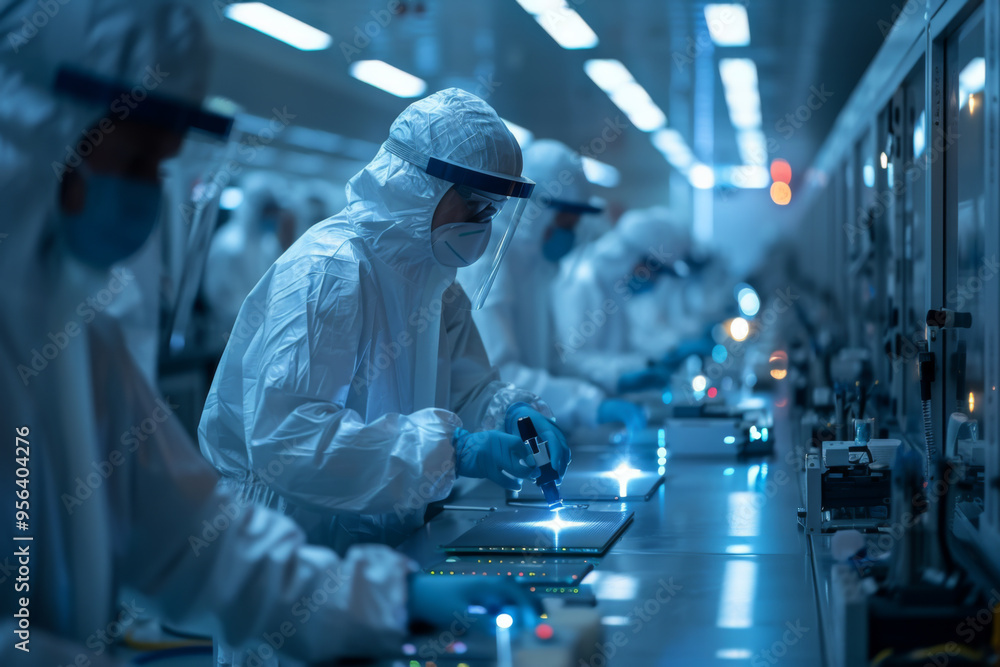 clean room in a semiconductor lab with engineers in protective suits using laserguided machinery to create microchips