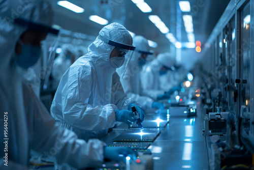 Obraz na płótnie clean room in a semiconductor lab with engineers in protective suits using laserguided machinery to create microchips w salonie