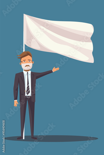 Sad Businessman Waving White Flag, Surrendering and Giving Up on Failed Business Venture