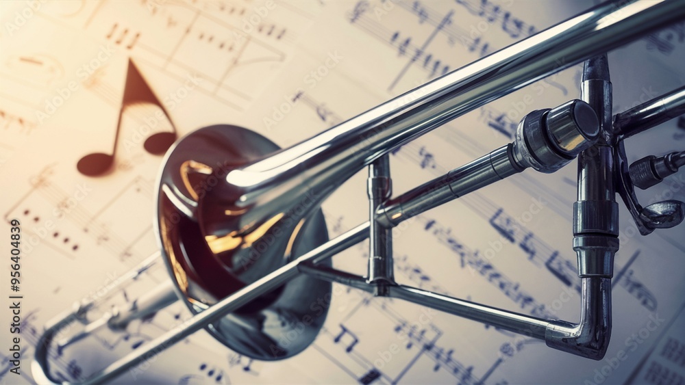 Obraz premium Detailed Close-Up of Trombone Slide Mechanism with Blurred Music Sheets