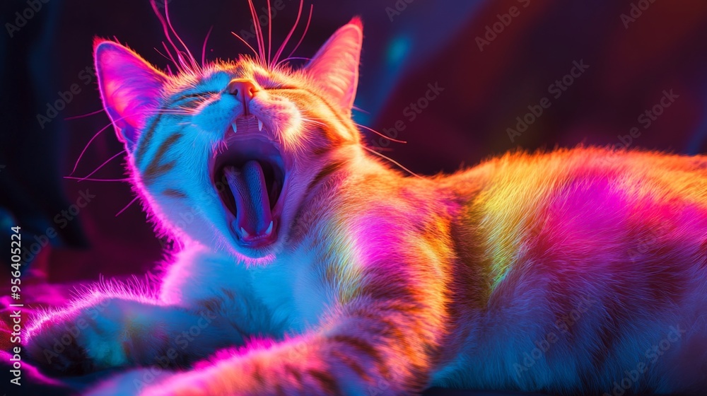Colorful neon light effect on a cat stretching and yawning against a dark background, with flying sparks and glow effects. This is a commercial pet photography image. Colorful neon light effect on a cat stretching and yawning against a dark background, with flying sparks and glow effects. This is a commercial pet photography image.