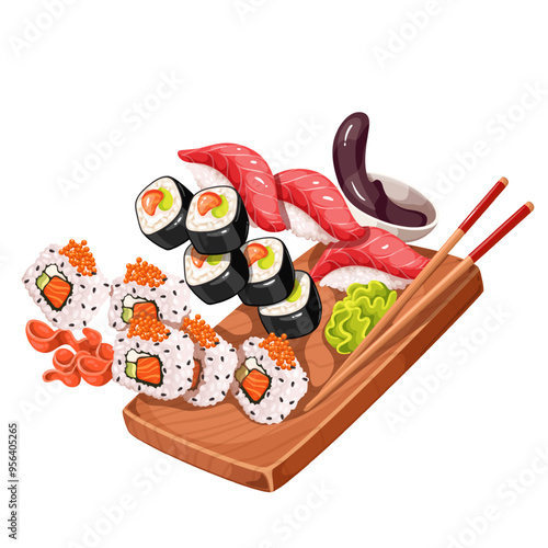 Flying cartoon Japanese sushi and rolls portion. Falling futomaki and uramaki, wasabi, soy sauce cup on wooden board. Asian food mascot, cartoon gourmet flying seafood snack vector illustration