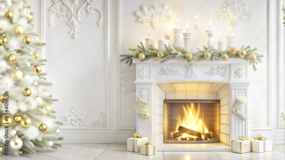 Cozy fireplace decorated for Christmas with tree and presents, festive home atmosphere, copy space Cozy fireplace decorated for Christmas with tree and presents, festive home atmosphere, copy space