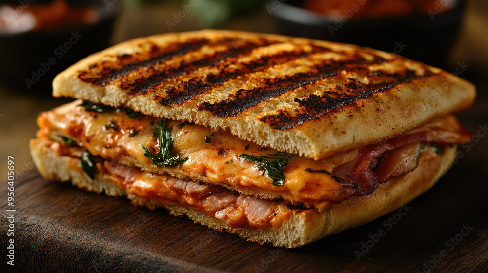 Panini: A pressed sandwich made with ciabatta bread, filled with melted cheese, meats, and vegetables, showcasing its grilled texture. Panini: A pressed sandwich made with ciabatta bread, filled with melted cheese, meats, and vegetables, showcasing its grilled texture.