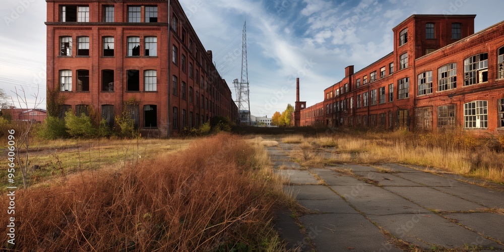 This abandoned factory features overgrown vegetation and derelict buildings with a dreary sky, capturing a sense of decay, neglect and lost industrial glory. This abandoned factory features overgrown vegetation and derelict buildings with a dreary sky, capturing a sense of decay, neglect and lost industrial glory.