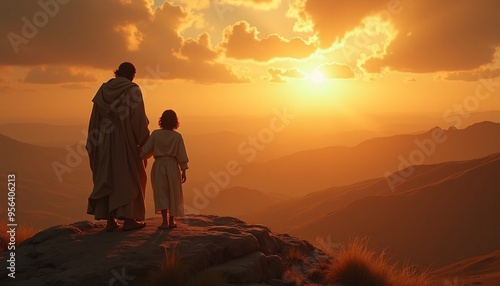 Sacrifice of Isaac on Mount Moriah with an emotional and dramatic scene highlighting divine intervention and the father-son moment