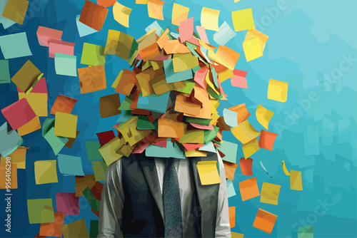 Overworked businessman covered in sticky notes, struggling with busy schedule and multitasking