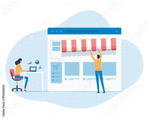 web developer and graphic designer team working. flat vector illustration design concept create and make online store on mobile application and web browser. people business team working. 