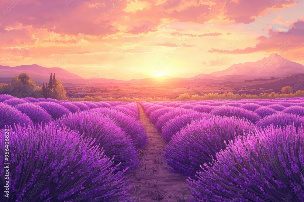 A Sunset View of a Lavender Field with a Path Leading Through it A Sunset View of a Lavender Field with a Path Leading Through it