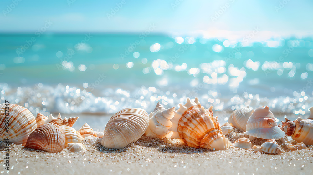 Azure coast of the ocean with palm trees, sand, surf and shells. AI Generated Azure coast of the ocean with palm trees, sand, surf and shells. AI Generated