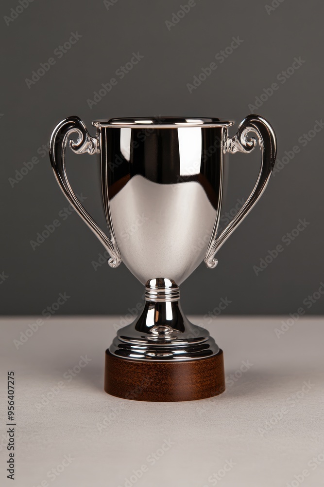 Silver trophy cup for championship intricate handles placed on wooden pedestal detailed engraving traditional award for winner silver and brown palette soft light highlighting details prize for compet Silver trophy cup for championship intricate handles placed on wooden pedestal detailed engraving traditional award for winner silver and brown palette soft light highlighting details prize for compet