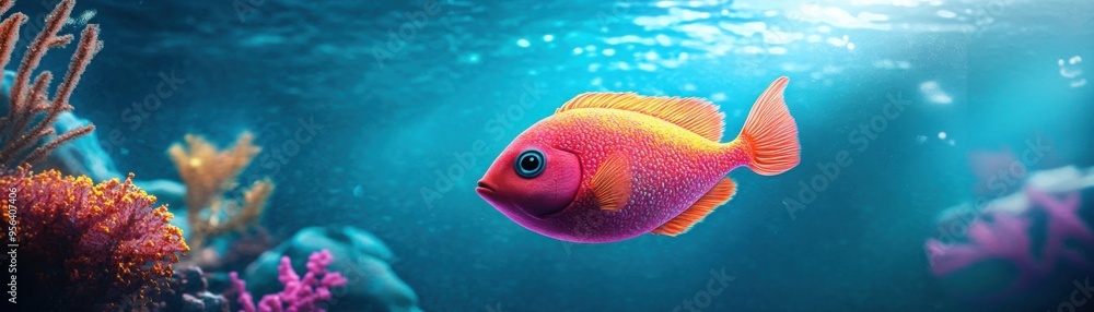 Fototapeta premium Enchanting Underwater Fantasy - Illuminated Coral Reef with Vibrant Fish, 3D Rendered Scene