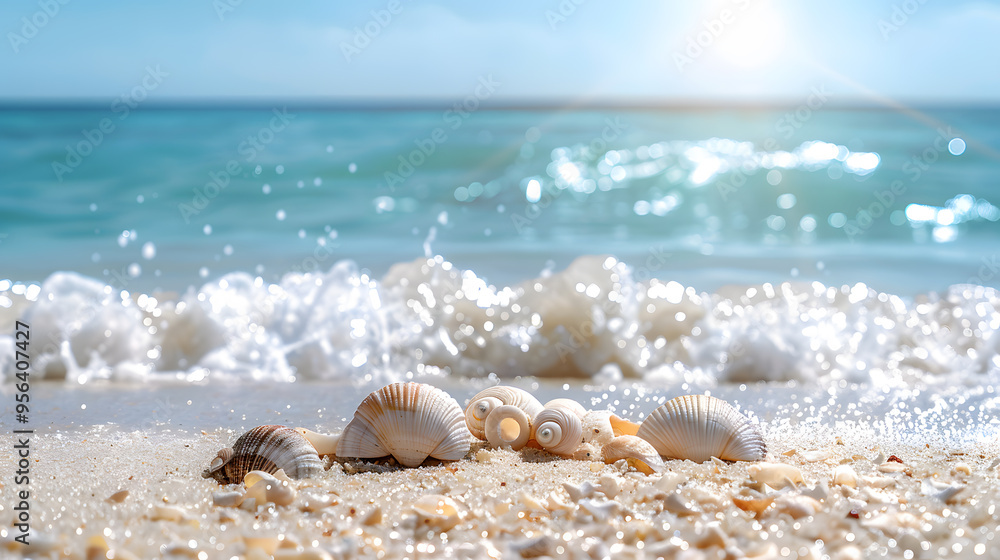 Azure coast of the ocean with palm trees, sand, surf and shells. AI Generated Azure coast of the ocean with palm trees, sand, surf and shells. AI Generated