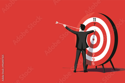 Skilled businessman balancing rotating archery target, aiming for bullseye in result-driven strategy