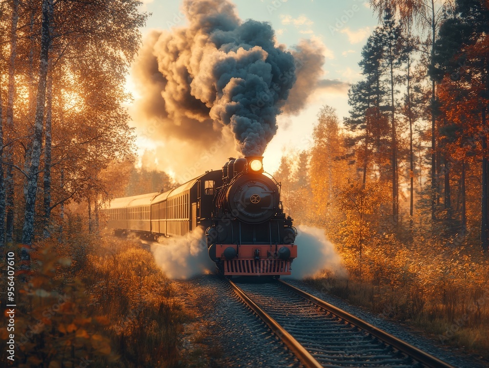 Steam Train Chugging Through Autumn Woods. Steam Train Chugging Through Autumn Woods.