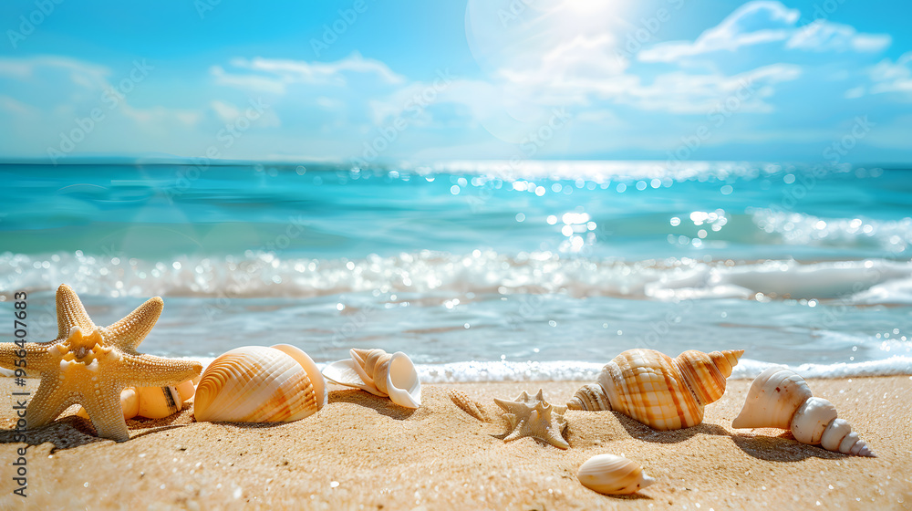 Azure coast of the ocean with palm trees, sand, surf and shells. AI Generated Azure coast of the ocean with palm trees, sand, surf and shells. AI Generated