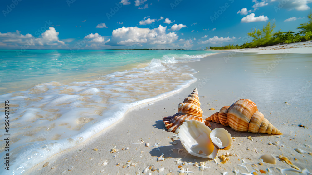 Azure coast of the ocean with palm trees, sand, surf and shells. AI Generated Azure coast of the ocean with palm trees, sand, surf and shells. AI Generated