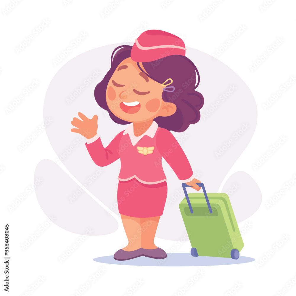 Girl Stewardess in Hat with Suitcase as Child Profession Vector Illustration Girl Stewardess in Hat with Suitcase as Child Profession Vector Illustration
