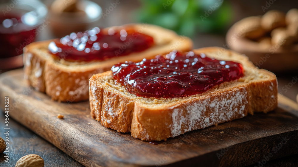 Peanut Butter and Jelly: Classic bread slices spread with creamy peanut butter and vibrant jelly, served as a simple and satisfying snack. Peanut Butter and Jelly: Classic bread slices spread with creamy peanut butter and vibrant jelly, served as a simple and satisfying snack.